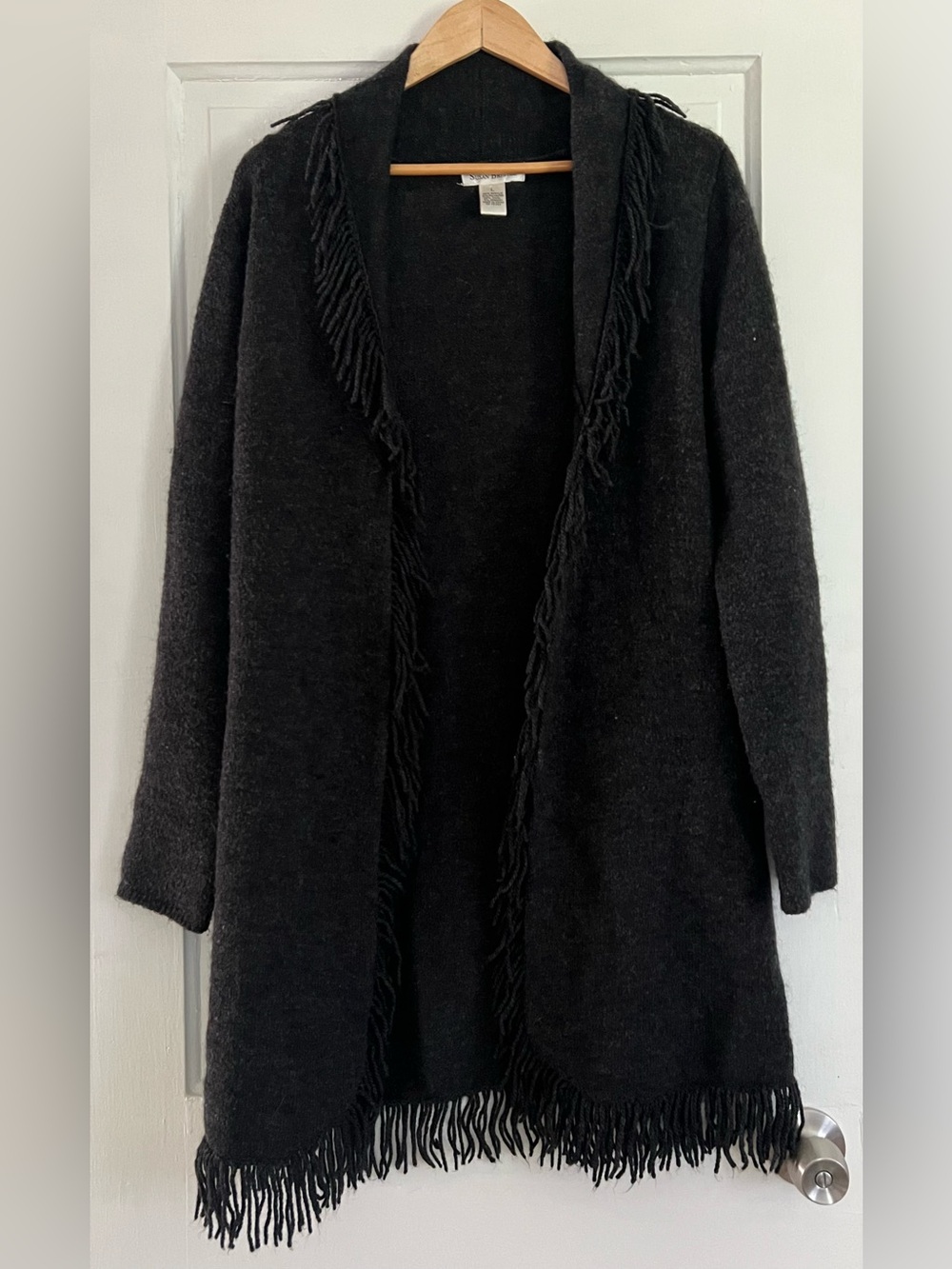 Susan Bristol Women’s Large Long Open Front Drape Cardigan Fringe Gray 25% Wool
